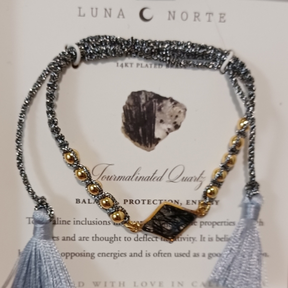 LUNA NORTE NATURAL TOURMALINATED QUARTZ GEMSTONES W/ TASSELS ADJUSTABLE STRING - Picture 6 of 12
